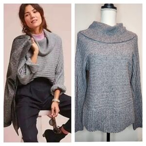 Anthropologie Moth Gray Cowl Neck Ribbed Pullover Knit Sweater | Small